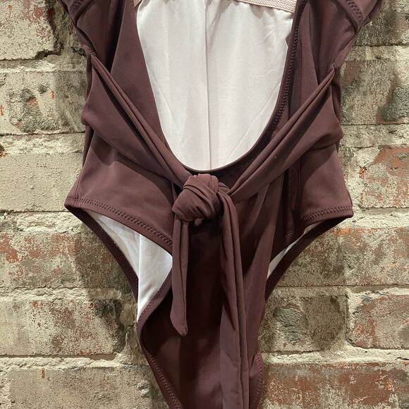 Shade & Shore Brown Plunge Tie-Front One Piece Swimsuit Size Medium - Picture 7 of 9